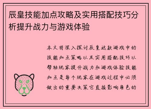 辰皇技能加点攻略及实用搭配技巧分析提升战力与游戏体验