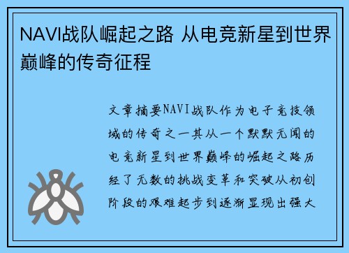 NAVI战队崛起之路 从电竞新星到世界巅峰的传奇征程